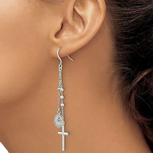 Vista 3 de Colgante de plata de ley 925 con dije de medalla milagrosa cruz latina cuentas religiosas múltiples hebras colgantes joyería fina para mujeres
