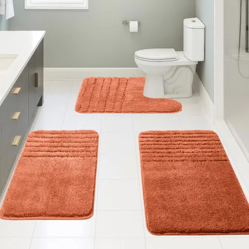 Vista 23 de Juego de 3 alfombras de baño suaves y absorbentes, peludas, suaves, antideslizantes, para ducha, bañera y bañera, lavables a máquina