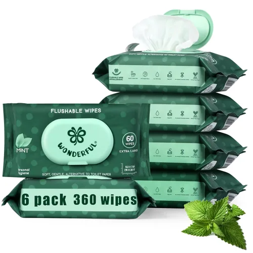 Vista 16 de Toallitas WONDERFUL desechables para glúteos, toallitas húmedas 100% a base de plantas sin aroma para adultos y niños, seguro para alcantarillas