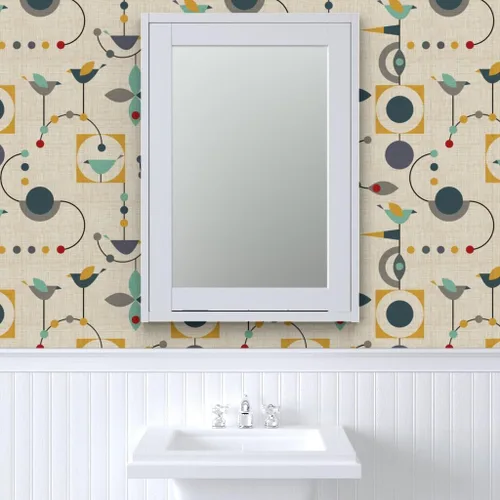 Vista 9 de Muestras de papel tapiz para despegar y pegar, diseño de pájaros de mediados de siglo, círculos abstractos modernos de los años 50, papel tapiz