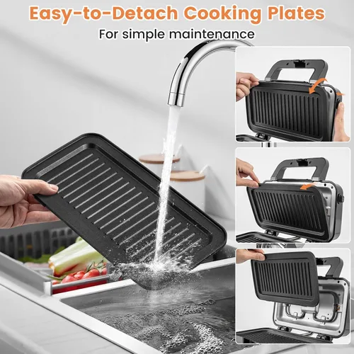 Vista 4 de BECOMFORT Máquina de gofres 3 en 1, prensa de sándwich con 3 placas antiadherentes extraíbles, luces indicadoras, mango de tacto frío, sandwich