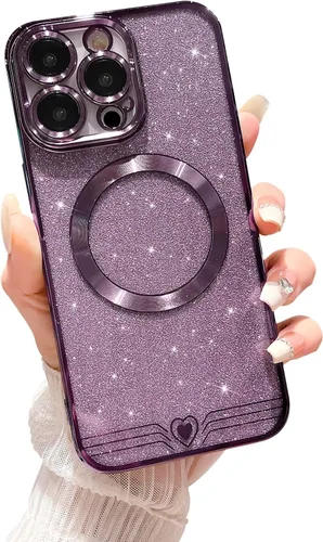 Vista 7 de Funda magnética para iPhone 15 Pro, compatible con Magsafe, funda transparente con purpurina de corazón de amor para mujeres y niñas, protección