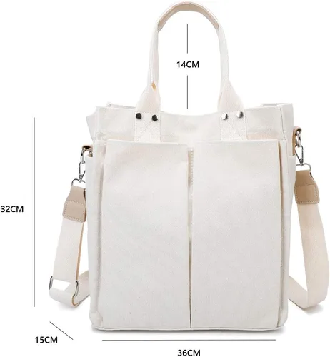 Vista 2 de Bolso de lona de algodón para mujer, bolso de hombro con asa superior, bolso cruzado, Blanco