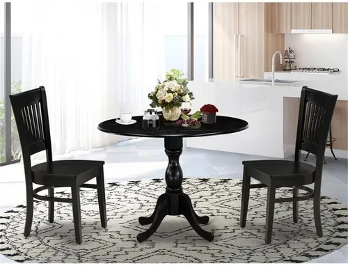 Vista 2 de East West Furniture DMVA3-BLK-W - Juego de comedor de 3 piezas para espacios pequeños que contiene una mesa de comedor redonda con gotas y 2 sillas