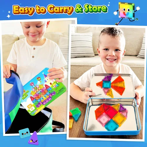 Vista 3 de Soyee Mini azulejos magnéticos de viaje, 60 piezas con estuche de lata de metal, juguetes esenciales de viaje, juguetes de viaje para niños