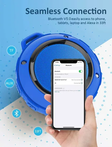Vista 5 de Kunodi - Bocina Bluetooth resistente al agua, para exteriores, minibocina de viaje inalámbrica y portátil para ducha con subwoofer, graves Azul