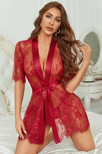 Vista 2 de Avidlove - Bata de noche tipo kimono para mujer, de encaje floral, camisón de malla transparente, lencería tipo babydoll
