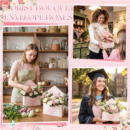 Vista 7 de Geyee 10 cajas sobre para ramo de floristería de graduación clase de 2026, ramo de flores de corazón rosa, embalaje de papel de regalo, bolsas