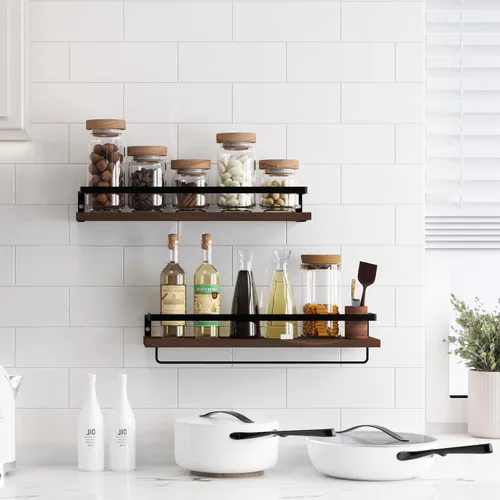 Vista 5 de Estantes flotantes para pared, estantes de baño con toallero, estantes de almacenamiento montados en la pared para cocina, baño, juego de 2 Marrón
