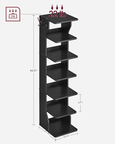 Vista 7 de VASAGLE - Zapatero vertical de 7 niveles, organizador estrecho de almacenamiento de zapatos con ganchos, estante de esquina delgado, ahorro de Negro