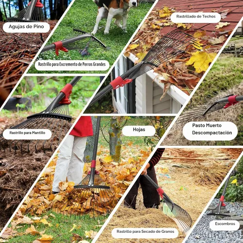 Vista 7 de Rastrillo ajustable para hojas de jardín, rastrillo de hojas de metal resistente de 58 pulgadas con cabeza expandible (8 a 17 pulgadas), rastrillos
