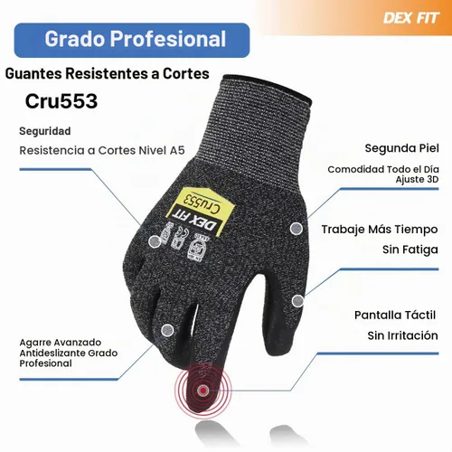 Vista 2 de DEX FIT Guantes Resistentes a Cortes Extremos Nivel 5 Cru553 Delgados, Agarre de Potencia Antideslizante, Ajuste Cómodo 3D de Grado Profesional Azul