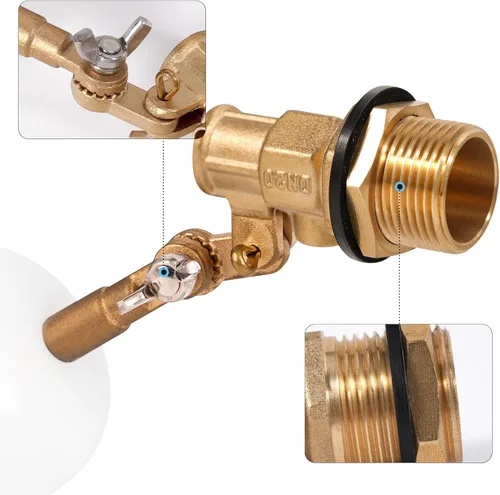 Vista 4 de Válvula de flotador de latón de 1/2 pulgada, 2 piezas, válvula de control de nivel de agua con brazo ajustable, 60 PSI, llenado y cierre automático