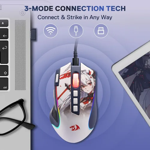Vista 3 de Redragon M612AK PRO RGB Anime Mouse para Juegos, ratón óptico con cable/inalámbrico de 8000 DPI con 9 botones programables y 7 modos