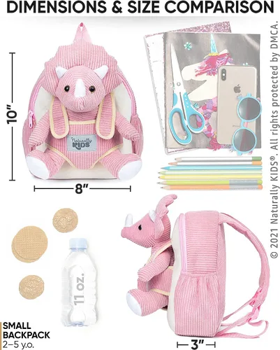 Vista 5 de Naturally KIDS Mochila para niños y niñas con animales de peluche, regalos para niños de 3, 4, 5, 6, 7 años, 04 Small Pink Triceratops, Viajar