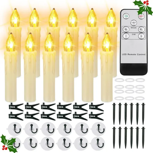 Vista 9 de FPOO 20 velas de árbol de Navidad, luces parpadeantes, con clip, funciona con pilas, velas cónicas con temporizador, mini velas sin llama para Blanco