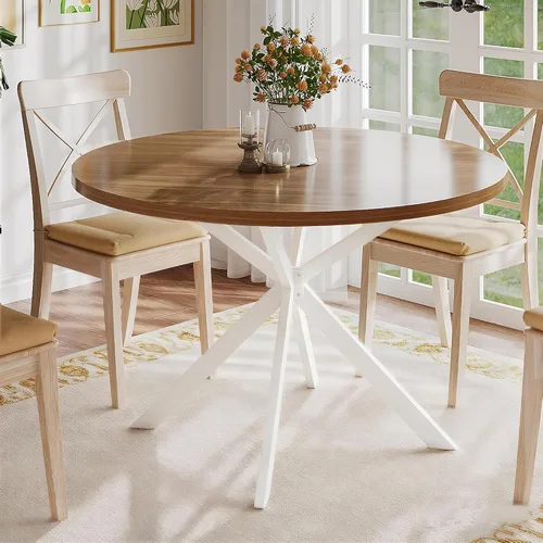 Vista 11 de Mesa de comedor redonda ChooChoo para 2, mesa de cocina de madera estilo granja, mesa de cena circular para cocina y comedor, espacio pequeño, 80
