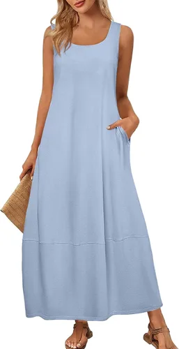 Vista 28 de Vestidos de iglesia para mujer 2025, casual, holgado, sin mangas, largo, fluido, vestido de verano con bolsillos