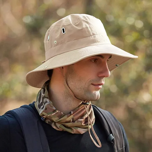 Vista 2 de Sombrero de cola de caballo para hombre, sombrero de ala ancha, protector solar al aire libre, plegable, sombrero de pesca de verano Beige