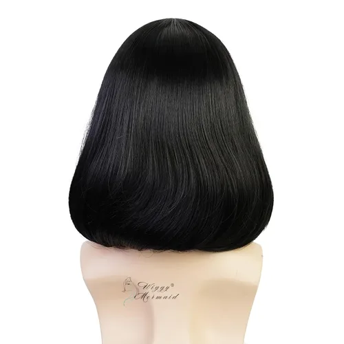 Vista 3 de Peluca unisex negra con flequillo plano, peluca de cabello negro corto y Negro Bob-Short