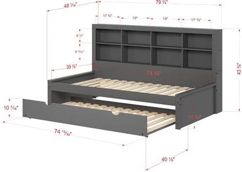 Vista 3 de Donco Kids Equable Modern - Estantería individual con cama corrediza doble en acabado gris oscuro