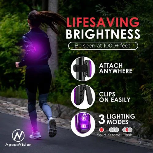 Vista 2 de LED Safety Light (2 Pack) with Bonus Items – Clip On Strobe/Running Lights for Runners, Dogs, Bikes, Walking and More Púrpura
