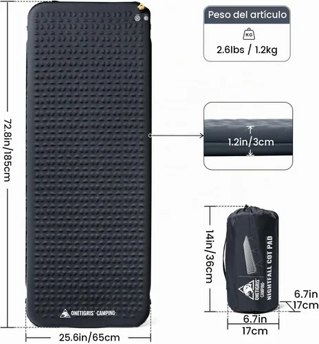 Vista 7 de ONETIGRIS Colchón de catre de camping Nightfall, cómoda almohadilla de dormir autoinflable para cuna, ligera, antideslizante, desinflación rápida