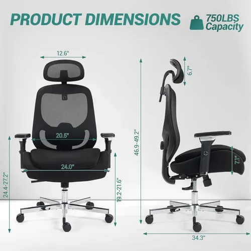 Vista 3 de Silla de Oficina Grande y Alta de 750 LBS, Silla Ejecutiva de Servicio Pesado con Brazos 4D, Silla Ergonómica de Escritorio para Computadora
