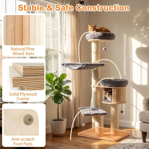 Vista 8 de Tangkula Árbol moderno para gatos, torre grande de varios niveles con condominio, hamacas y cesta colgante, árbol alto para gatos con postes