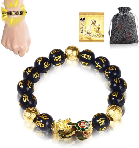 Vista 9 de Feng Shui Bracelet Obsidian Bracelet, 24k Gold Plated PiXiu Dragon Protection for Men Women, 12mm Mantra Prayer Beads Bracelets Meditation