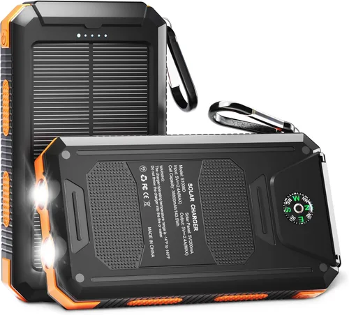 Vista 10 de Cargador solar de 20000 mAh, cargador portátil con 4 cables integrados y entrada USB-C, linternas de emergencia duales, batería impermeable