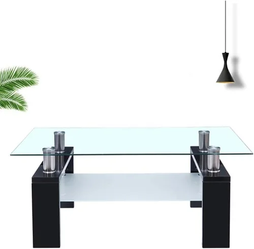 Vista 4 de Mesa de centro rectangular de cristal, moderna mesa de centro lateral con estante inferior, patas de madera para muebles de sala de estar (negro)