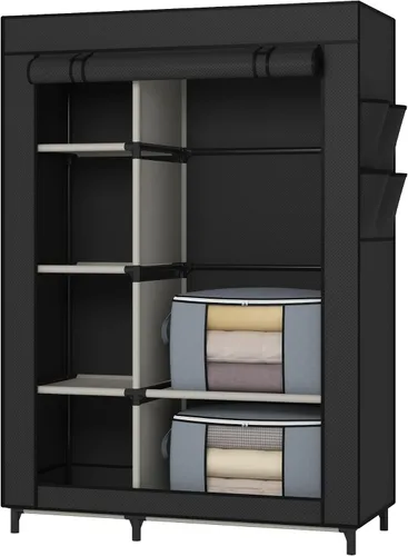 Vista 3 de Calmootey Armario portátil, armario con 6 estantes y barra para colgar, organizador de almacenamiento para dormitorio, funda de tela no tejida con 4