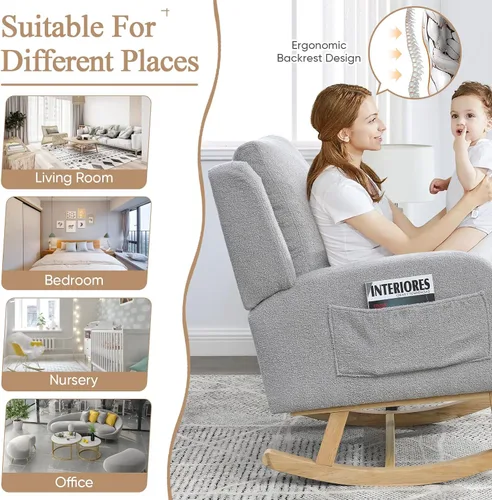 Vista 5 de JEEOHEY Mecedora para guardería, mecedora tapizada con respaldo alado, mecedora con respaldo alto cómodo, reposabrazos curvado, almohada lumbar