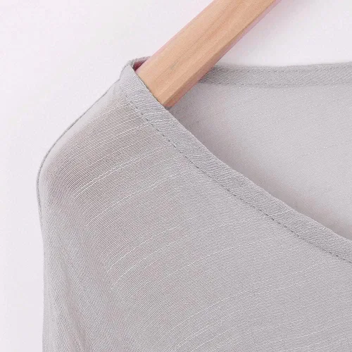 Vista 5 de Blusa de verano de lino de algodón para mujer, dobladillo irregular, asimétrico, hombros caídos, con textura, plisado liso