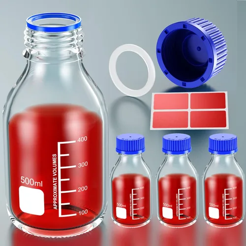Vista 4 de GL25 - Botellas redondas de almacenamiento de medios de 0.8 fl oz con tapa de rosca azul GL25, anillo de vertido de PP y junta de silicona