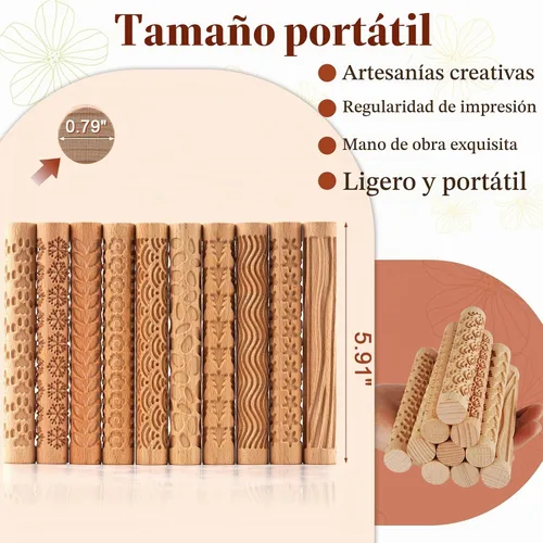 Vista 2 de Lzttyee Juego de 10 herramientas de cerámica con mango de madera, rodillos de patrones de modelado de arcilla, color marrón (juego de 10)