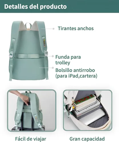 Vista 3 de Mochila Kawaii con bonitos accesorios, protección para la columna vertebral, antiladrón, bonita bolsa de libro estética, Verde (Mint Green), Kawaii