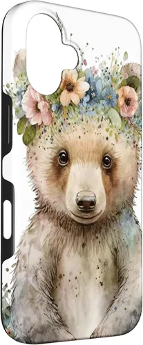 Vista 3 de iPhone 16 Brown Bear Boho Woodland Animal Floral Case