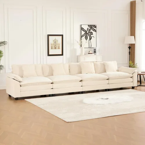 Vista 11 de Sofá seccional modular beige de 117.3", sofás seccionales grandes de 3 plazas para sala de estar, sofá nube oversized de tela chenille con otomana