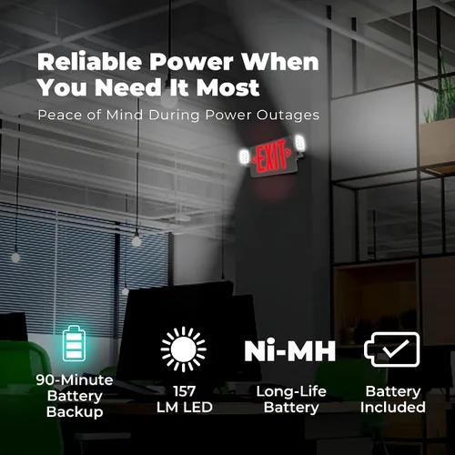 Vista 6 de LFI Lights Thin COMBO UL 924 Listed, LED rojo, señal de salida con luces de emergencia, blanco, 120-277 VCA cableada con batería de respaldo, doble