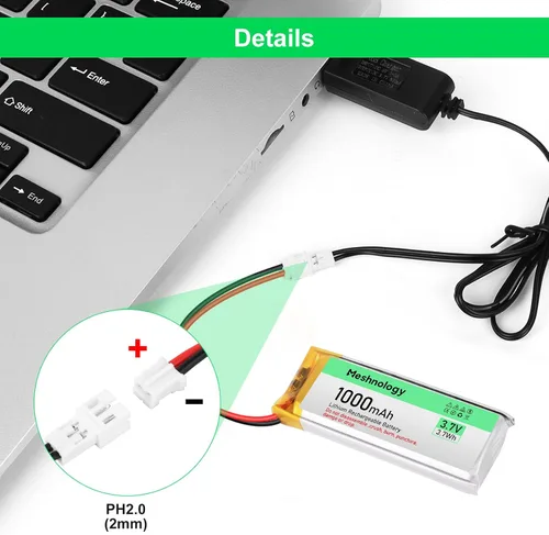 Vista 4 de 2 unids 3.7 V 1000 mAh Li batería con cable de cargador USB 102050 1S LiPo batería con placa de protección cinta de goma aislada y micro JST 2.0