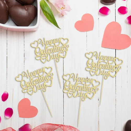 Vista 3 de 24 piezas de decoración de cupcakes con purpurina dorada para el día de San Valentín, temática de San Valentín, fiesta de cumpleaños, suministros