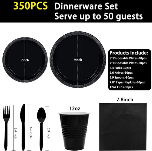 Vista 7 de MirthMood - 350 platos desechables negros, platos negros, suministros de plástico para fiestas, incluye 50 platos llanos, 50 platos de ensalada, 50