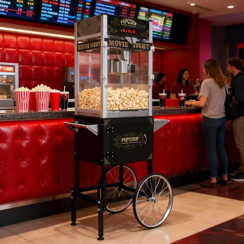 Vista 7 de Máquina de palomitas de 20 oz con carrito, ruedas y hervidor de acero inoxidable, 110v/1440w, estilo vintage de cine de teatro, máquina de palomitas