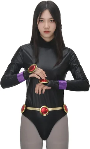 Vista 4 de Disfraz de cuervo para mujer, overol negro con capa morada con capucha, capa y cinturón, traje de Halloween, fiesta de cosplay