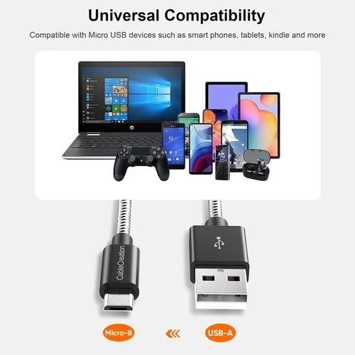 Vista 7 de CableCreation Cable micro USB corto, USB a micro USB 24 AWG cable de carga rápida triple blindado, compatible con PS5/PS4, Raspberry Pi Zero, Negro