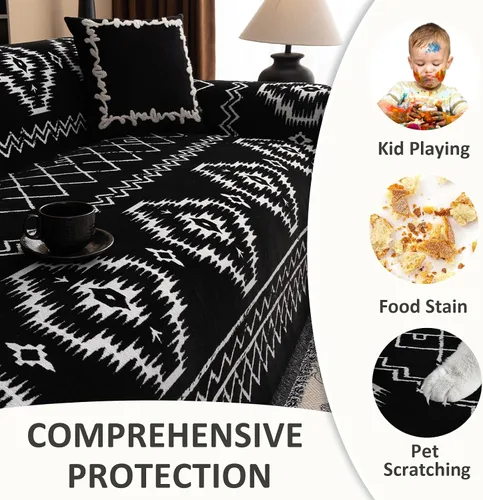 Vista 4 de VClife funda boho de sofá de felpilla para sofá seccional, funda antideslizante para sofá de 2 plazas, protector para mascotas con borlas, funda