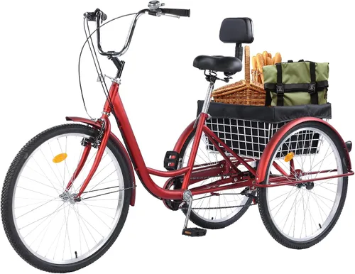 Vista 9 de Triciclo para adultos de 26 pulgadas, bicicletas de 7 velocidades y 3 ruedas, asiento grande con respaldo, triciclo para adultos con cestas