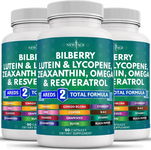 Vista 10 de NEW AGE Vitaminas para la salud ocular con arándano, luteína y zeaxantina, licopeno, resveratrol, semillas de uva, astaxantina, vitamina